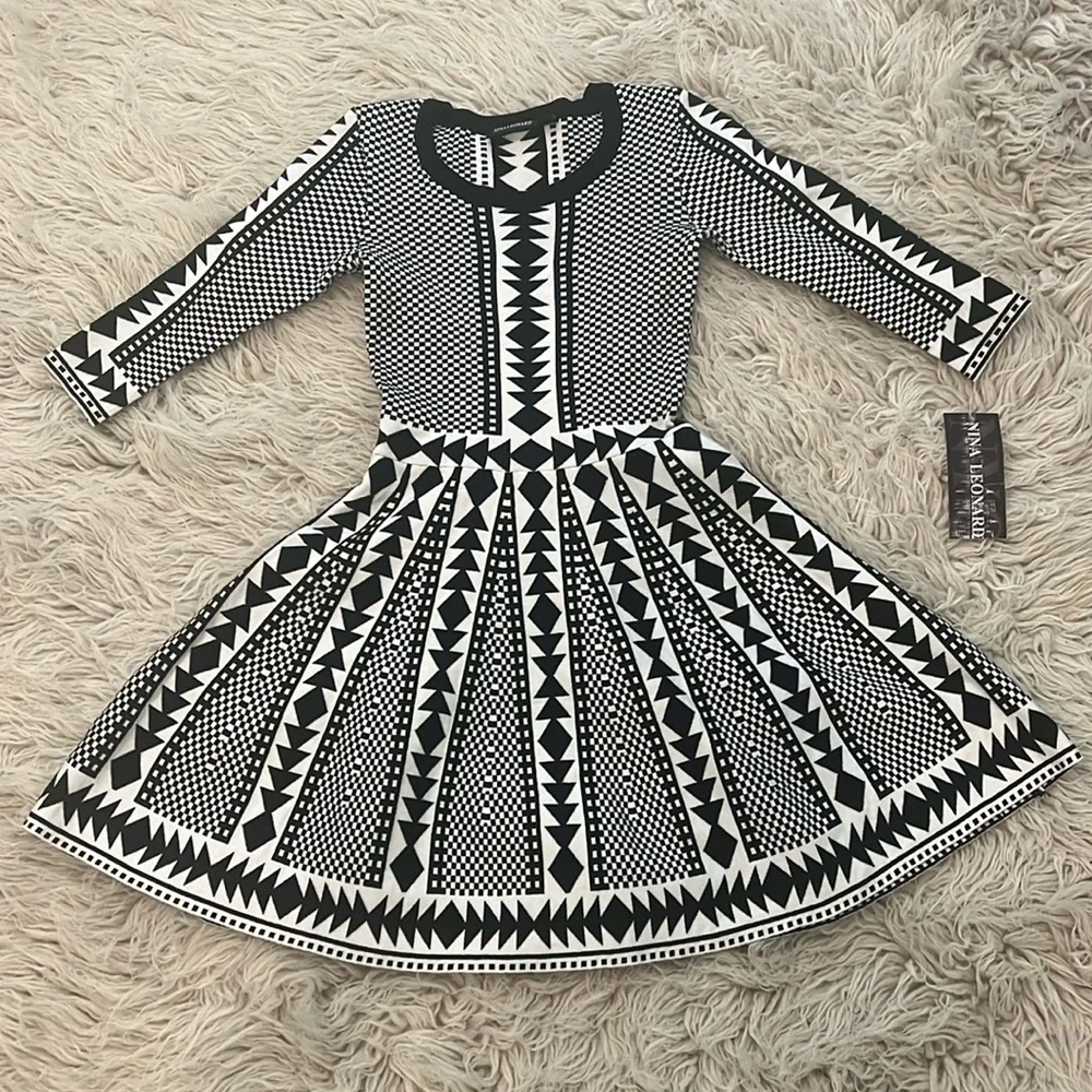 NWT Nina Leonard black ivory white geometric pattern flare skater dress size XS - Picture 4 of 11